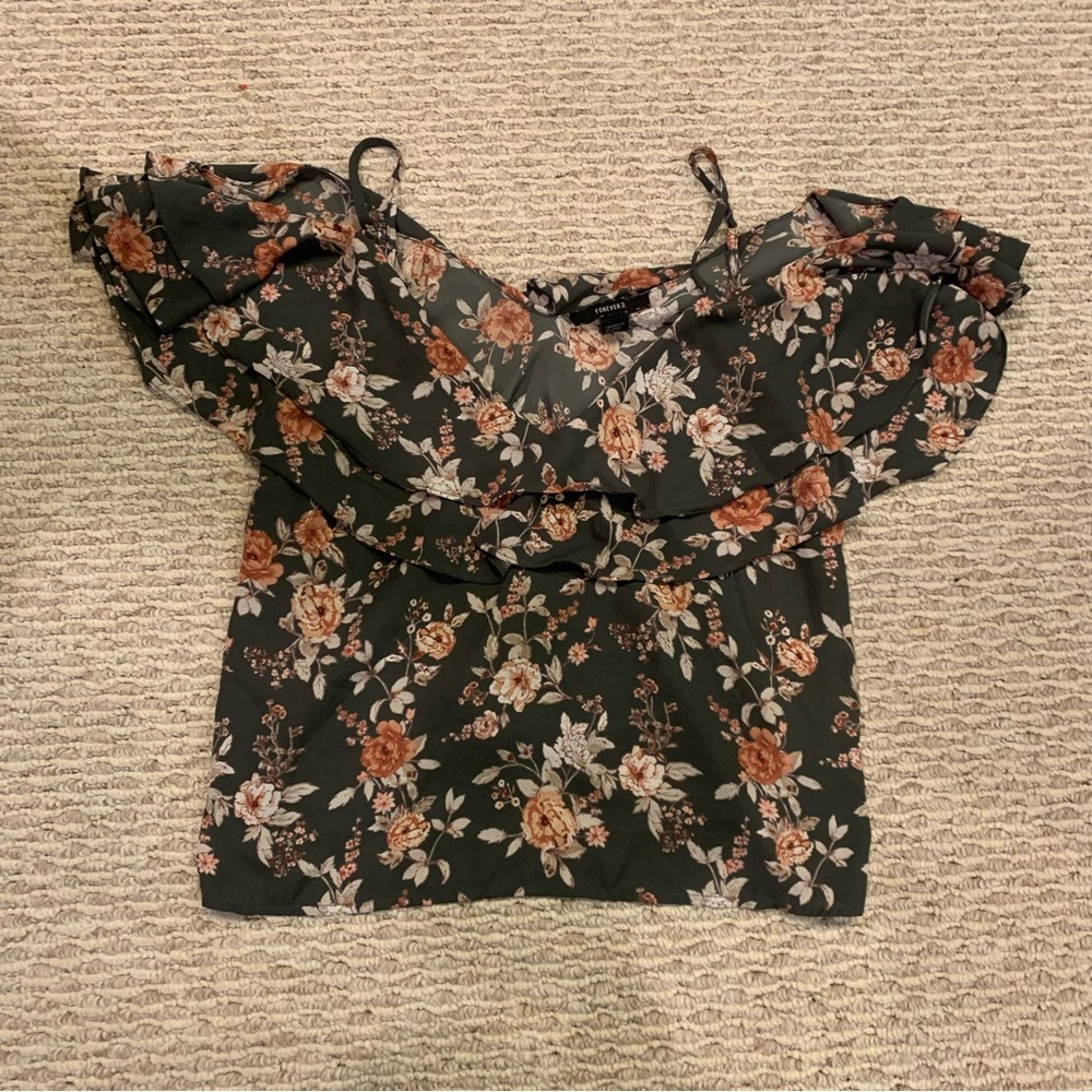 Forever 21 Black Floral Ruffle Blouse